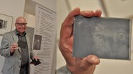 Kollage: Museumspädagoge Dr. Klaus Möhlenkamp hält eine Fotoplatte in der Hand 