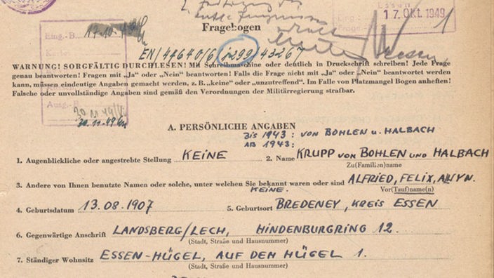 Entnazifizierungsfragebogen, ausgefüllt von Alfried Krupp von Bohlen und Halbach