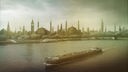 Zeichnung von Frachtschiffen auf dem Rhein, im Hintergrund sind statt dem Kölner Dom Moscheen zu sehen
