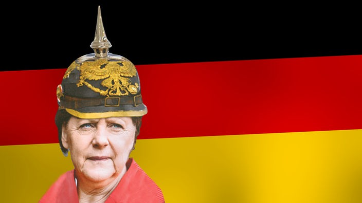 Fotomontage Angela Merkel mit Pickelhaube vor Deutschlandfahne