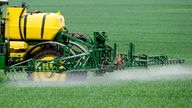 Ein Landwirt versprüht auf einem Getreidefeld ein Pestizid