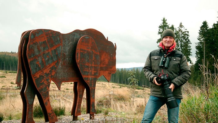 Mann steht mit Fotoapparat neben Bison-Holzmodell