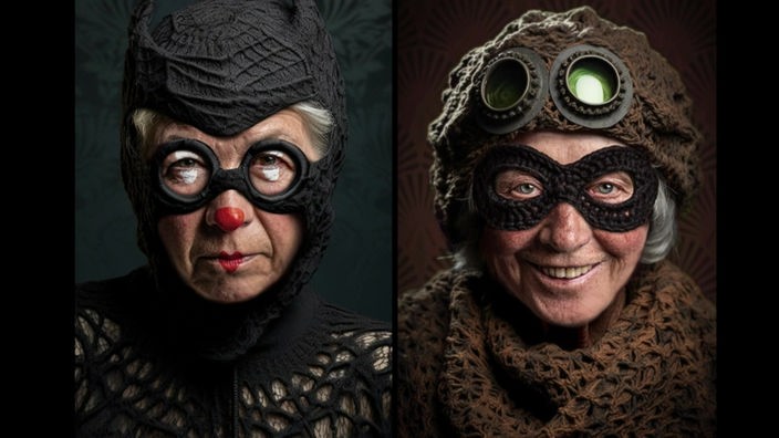 Aufnahmen zweier kostümierter Rentnerinnen 