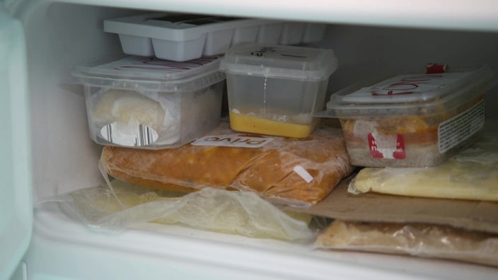 Das Bild zeigt verschiedene eingefrorene Lebensmittel im Gefrierfach.