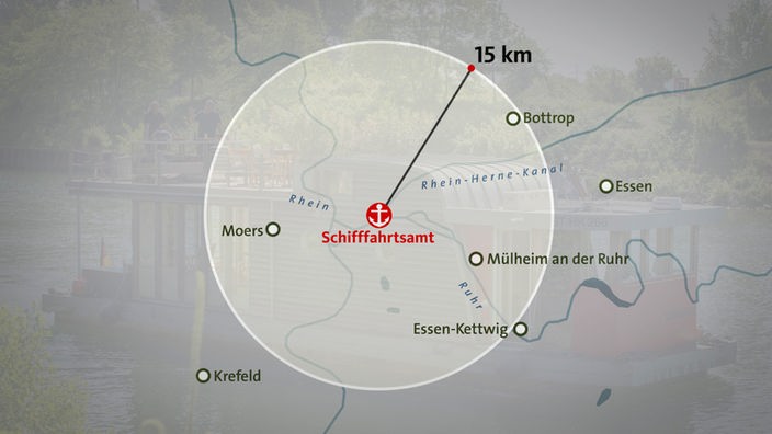 Karte/Grafik Anlegestelle Duisburg und Umkreis von 15 Kilometer. 