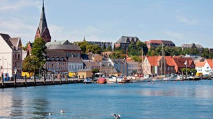 Stadtansicht Flensburg und die Schlei: Stadtufer mit zahlreichen kleinen Segelbooten, dahinter die Stadtlandschaft.