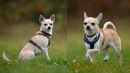 Eine Collage aus zwei kleinen beigefarbenen Hunden 