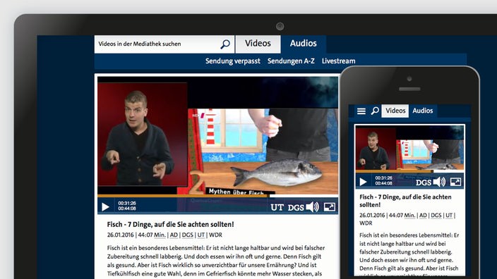 Screenshot: Sendung ''Fisch..'' und Gebärdendolmetscher links