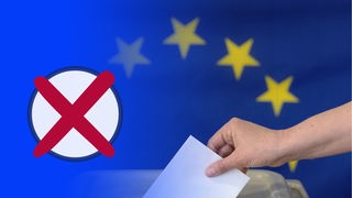 Wahlzettel wird in Wahlurne gesteckt vor EU-Logo