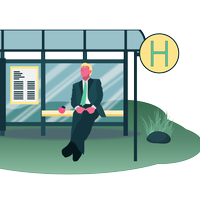 Ein illustrierte Zeichnung, in der ein Mann im Anzug an einer Bushaltestelle sitzt.