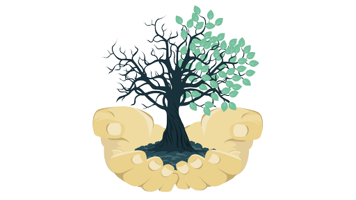 Illustrierte Hände, die einen Baum halten, dessen rechte Hälfte blüht und linke vertrocknet ist.