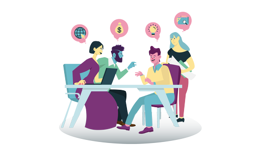 Illustration: Mehrere weibliche und männliche Personen sitzen miteinander kommunizierend an einem runden Tisch. In Sprechblasen über ihnen sind verschiedene Icons abgebildet wie das für das Internet, ein Geldbeutel oder eine Glühbirne. 