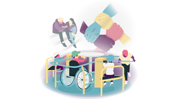 Illustration: Im Vordergrund ein Spielplatzkarussel, welches einen Platz für Kinder im Rollstuhl bietet, dahinter drei Hände die einander reihum am Handgelenk fassen und eine Gesprächssituation zwischen zwei jungen Erwachsenen auf einer Treppe.