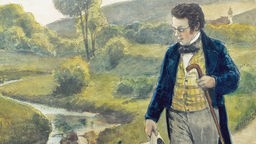 Franz Schubert an einem Bachlauf in grüner Landschaft mit Buschwerk (Gemälde).