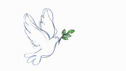 Zeichnung einer Friedenstaube mit einem Olivenzweig im Schnabel.