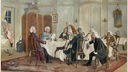 "Kant und seine Tischgenossen" - Gemälde von Emil Doerstling, um 1900, das zeigt, wie Immanuel Kant am Tisch sitzend ein Schriftstück hält und andere Tischgenossen sich ihm zuwenden.