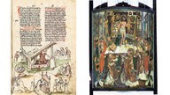Montage: "Der Spiegel des Leidens Christi", Oberrhein, um 1410–1420 (links) und Epitaph mit der Messe des heiligen Gregor, Erfurt/Nürnberg, 1506