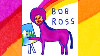 Ein Cartoon mit einem Pferd namens "Bob Ross" an der Staffelei