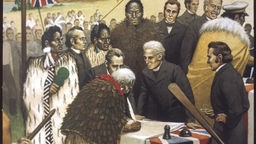 Häuptling Hone Heke und Gouverneur William Hobson unterzeichnen den Vertrag