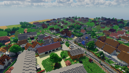 Bildschirmaufnahme aus Computerspiel Minecraft: Bild einer nachgebauten Stadt, legoänhlich 