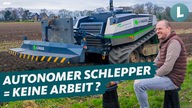 Teaserbild von Land-Schafft.-Folge: Landwirt Johannes Miermann im Vordergrund, im Hintergrund auf einem Feld ein Agrarroboter