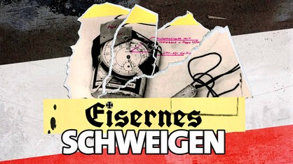 Cover des Podcasts "Eisernes Schweigen": Foto eines gebastelten Bombenzünders aus Ermittlungsakten, dahinter die Farben der Reichsflagge. Dazu der Titelschriftzug "Eisernes Schweigen".