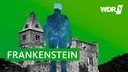 Cover des Hörbuchs "Frankenstein" - schemenhafte Gestalt vor einem burgähnlichen Gebäude