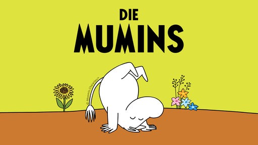 Podcastcover "Die Mumins". Mumin macht einen Handstand vor einer gelblichen Wand.