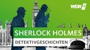 Silhouetten von Sherlock Holmes und Henry Watson vor London Kulisse mit Big Ben