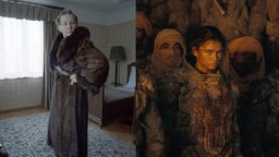 Links: ndra Hüller als Hedwig Höss in einer Szene des Films "The Zone Of Interest". Rechts: Zendaya in einer Szene aus "Dune: Part Two".