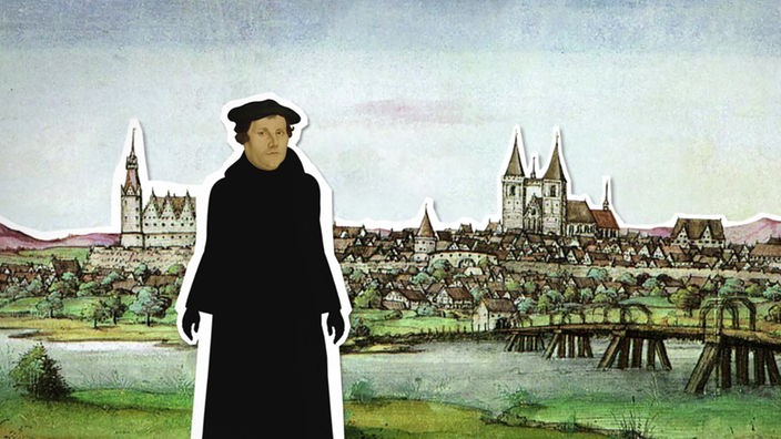 Animation: Martin Luther in einer Animation vor einer mittelalterlichen Stadt.