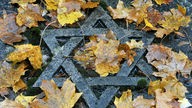 Ein steinerner Judenstern mit Herbstlaub bedeckt.