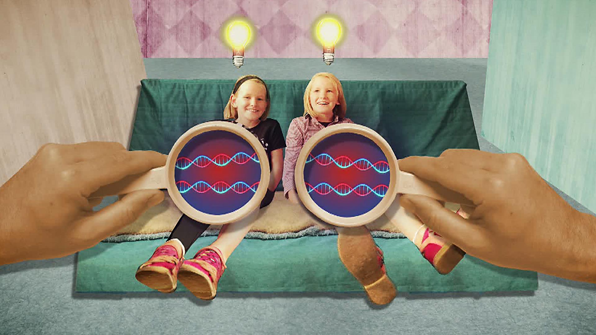 Grafik: zwei Lupen zeigen DNA von zwei Mädchen