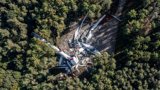 Reste des Turms einer Windenergieanlage stehen im Wald. Das fast 240 Meter hohe Windrad ist in sich zusammengestürzt. 