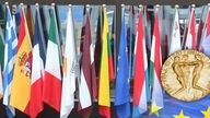 Flaggen der EU-Staaten und die Rückseite der Medaille des Friedensnobelpreises