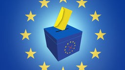 Grafik zur Europawahl: Stimmzettel fällt in eine Wahlurne im Zentrum der Sterne der EU-Flagge