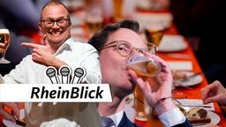 Jochen Ott (SPD) und Henrdik Wüst (CDU) mit Bier auf dem politischen Aschermittwoch
