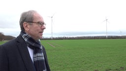 Volker Mießeler, Bürgermeister von Bergheim, steht vor einer Wiese, im Hintergrund sind Windräder