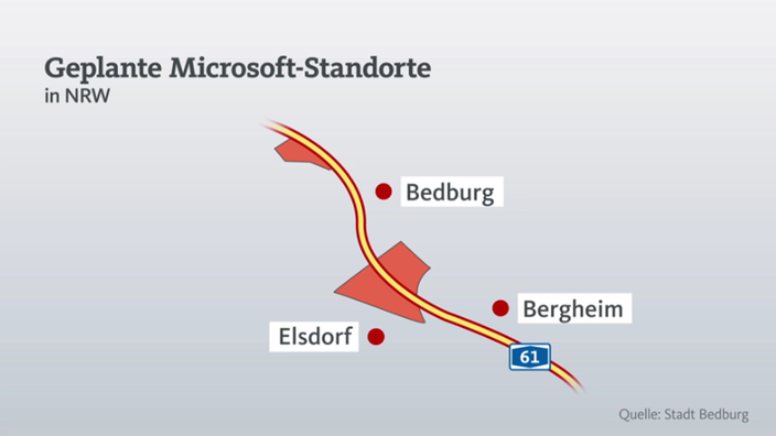 Karte mit geplanten Microsoft-Standorten in NRW