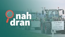 Das Bild zeigt Trecker bei Bauernprotesten, daneben das Logo des Podcasts nah dran. 