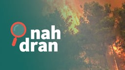 Das Bild zeigt einen brennenden Wald in Griechenland, daneben das Logo von Nah dran. 