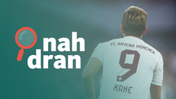 Das Bild zeigt den Bayern-Neuzugang Harry Kane von hinten, daneben das Logo von Nah dran.