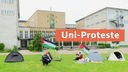 Ein Pro-Palästina-Camp mit vier Zelten auf der Uniwiese hinter dem Hauptgebäude der Uni Köln