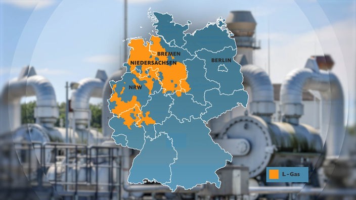 Zu sehen ist eine Karte Deutschlands mit Einzeichnung der L-Gasflächen.