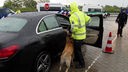 Ein Polizist in gelber Regenjacke steht mit einem Polizeihund an einem Auto