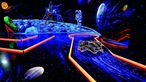 Astronauten, Kometen und Minigolfbahnen im Weltraum in Neonfarben, Schwarzlicht