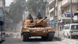 Ein türkischer Panzer fährt durch eine Straße in Afrin