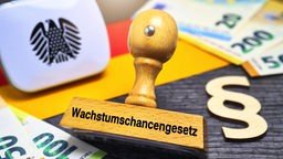Symbolbild Wachstumschancengesetz - Stempel mit Aufschrift Wachstumschancengesetz und Paragrafenzeichen vor Deutschlandfahne