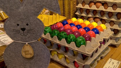 Gefärbte Eier in Eierkartons mit Dekohase im Vordergrund.