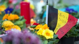 22.03.2016 «Nous sommes Bruxelles» (Wir sind Brüssel) steht in Brüssel (Belgien) vor der Börse am Place de la Bourse auf einer kleinen Flagge zwischen Blumen und Kerzen